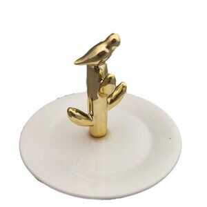 Gold Cactus with Bird Trinket Jewelry Holder